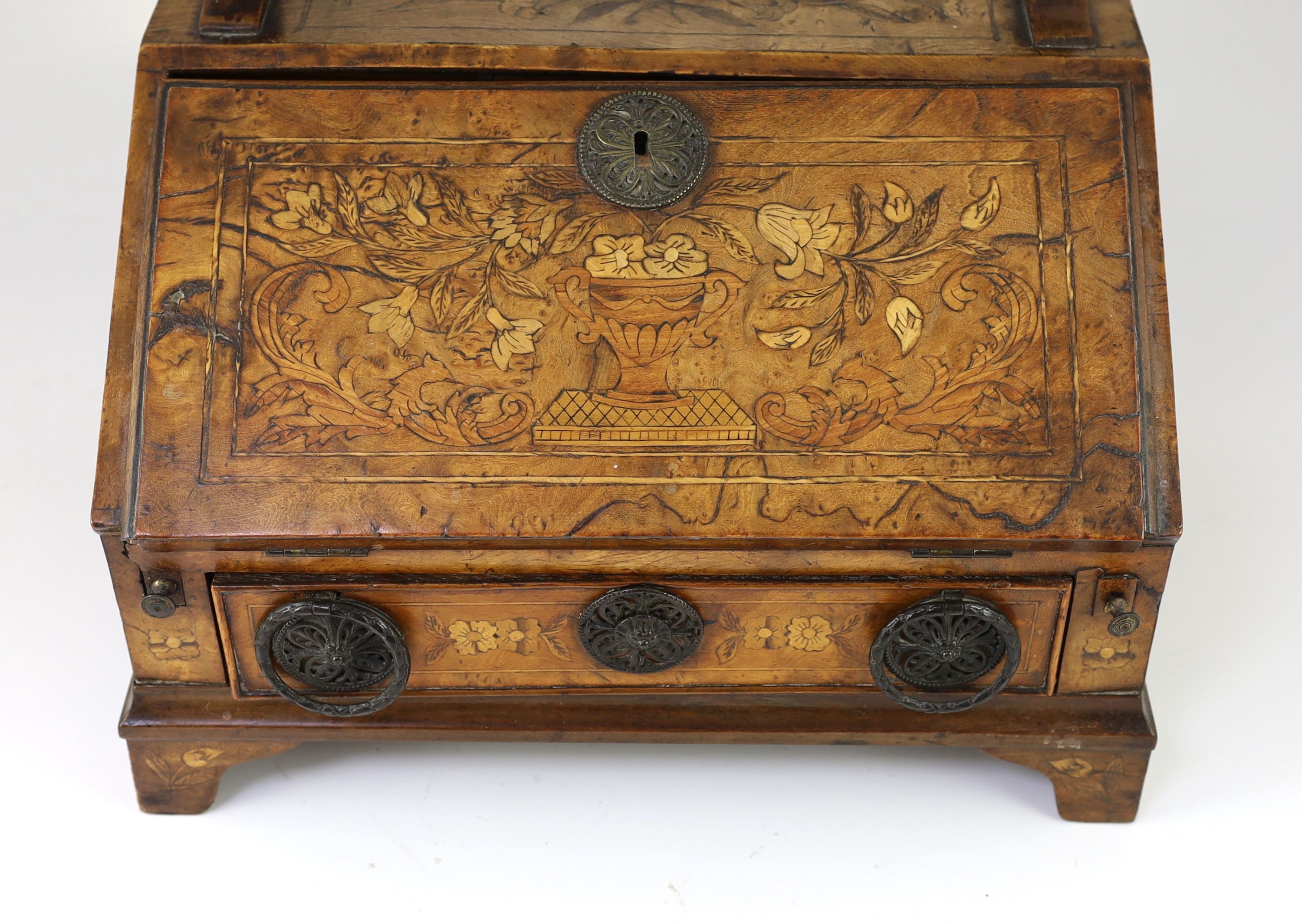 A mid to late 18th century Dutch walnut and marquetry toilet mirror bureau